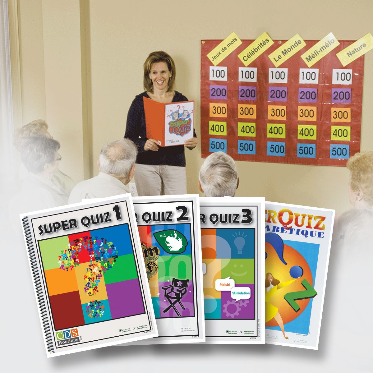 Ensemble Super Quiz, tapis et 4 cahiers, version française